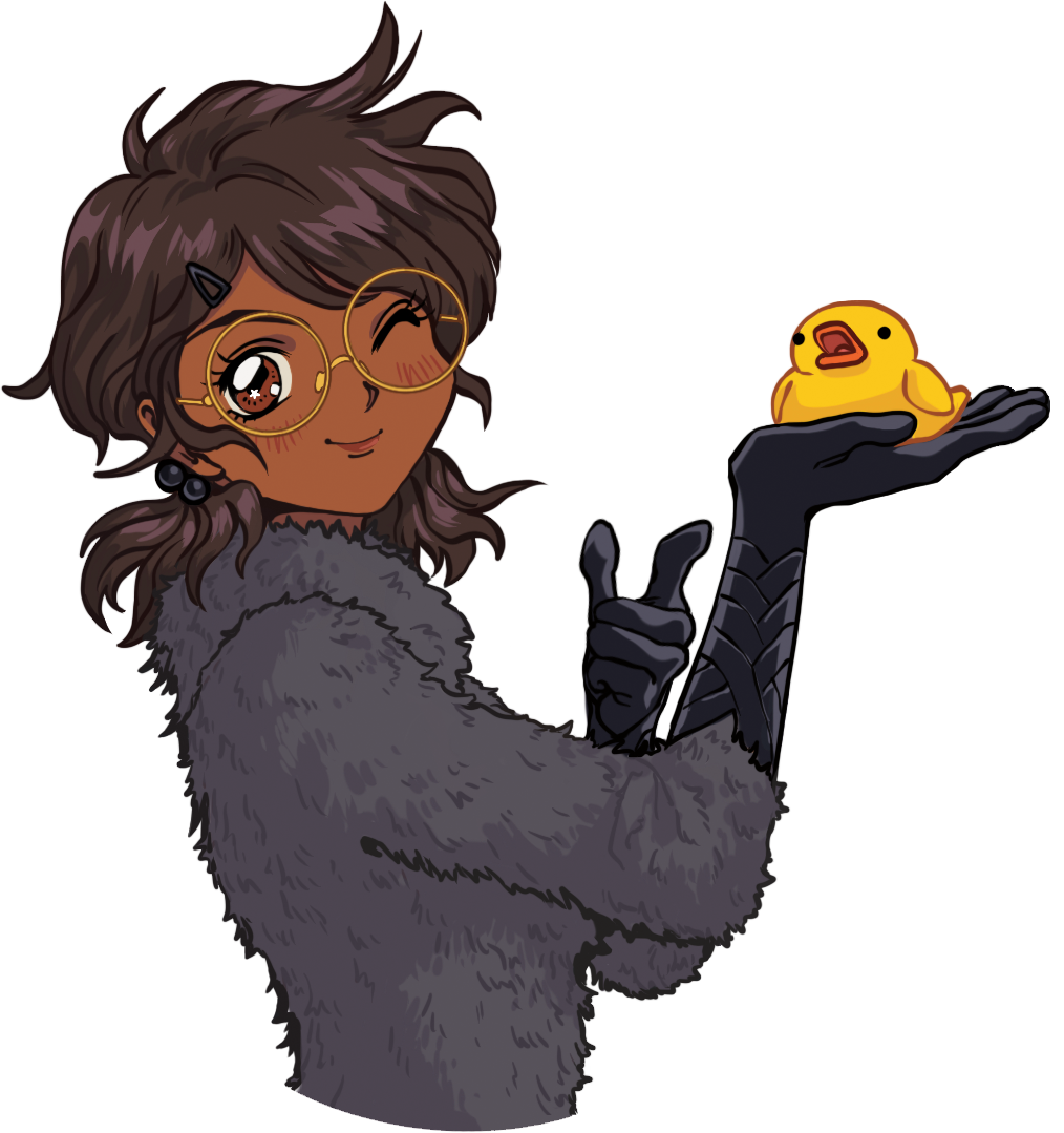 Boba-tan, the FujoCoded mascot, holding her rubber duck companion